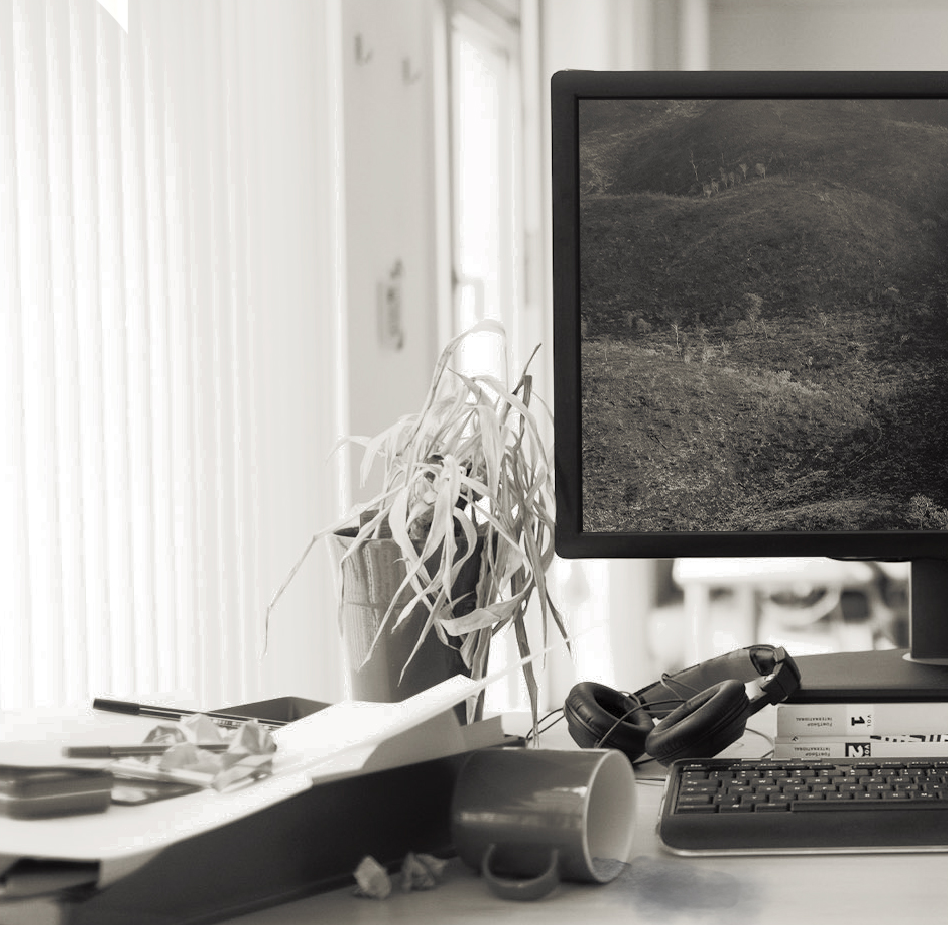 in black and white: on a desk a spilled coffee, a dried dead potted plant, on the left hand side of the screen an area with cut down trees