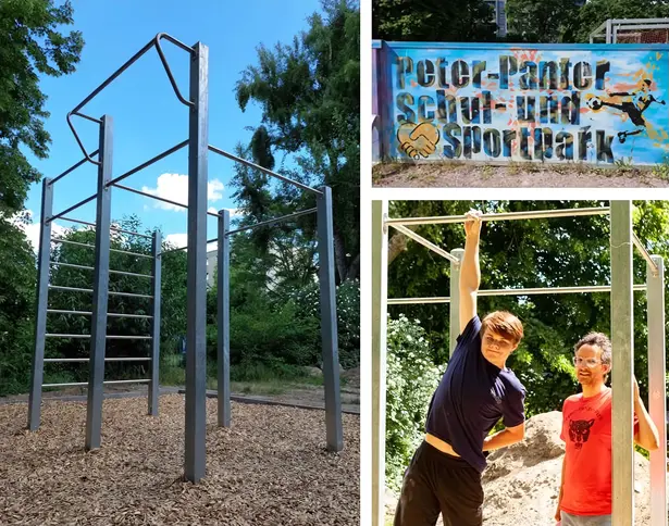 The parkour equipment, Peter Panter Park sign, two members at opening ceremony