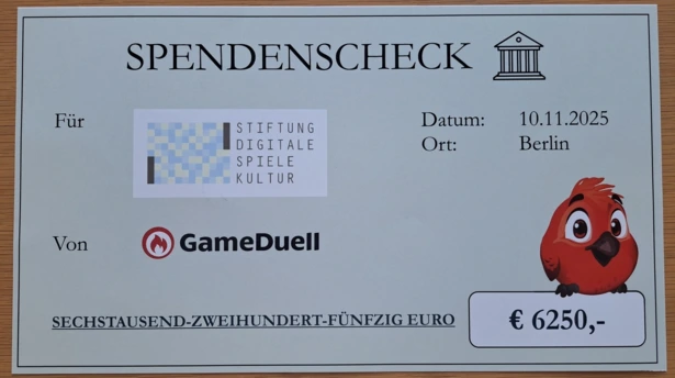 A donation check for 6250 EUR for the Stiftung Digitale Spielekultur gGmbH A donation check for 6250 EUR for the Stiftung Digitale Spielekultur gGmbH