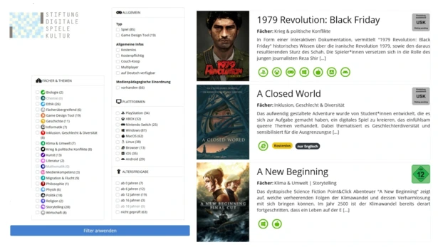 A screenshot of the database on games with educational potential A screenshot of the database on games with educational potential